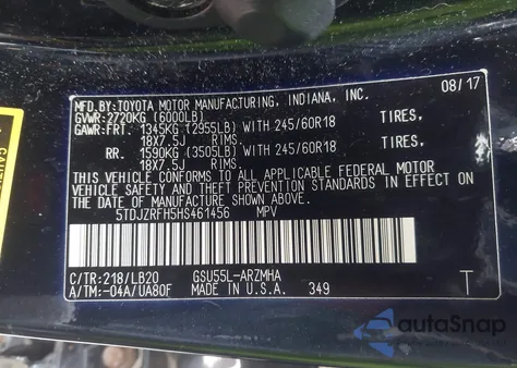 2017 Toyota Highlander Xle из США, поврежденный, VIN 5TDJZRFH5HS461456